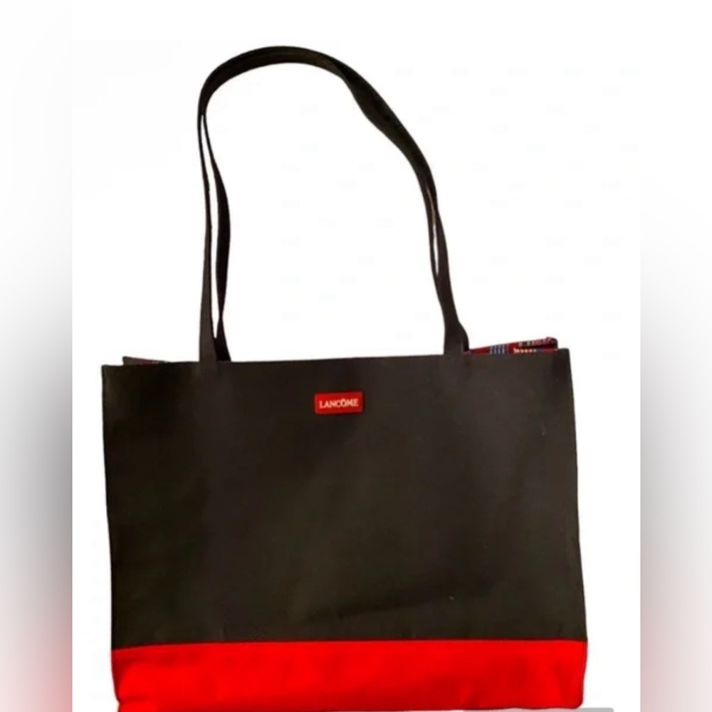 NWOT Lancôme black & red tote bag w/ striped interior.